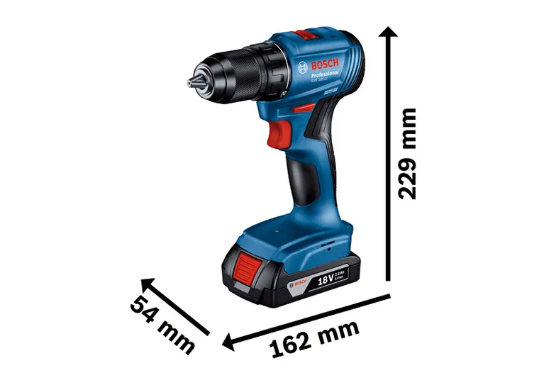 Bosch GSR 185-LI akku-boremaskine, 18V 2,0Ah dimensioner.